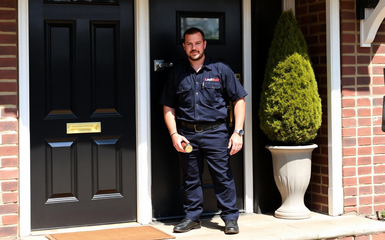 Locksmith in a dark navy uniform standing at a customer's front door holding a lock cylinder