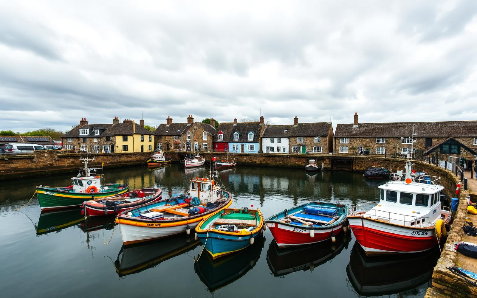 Brixham harbour with fishing boats moored beside colourful houses