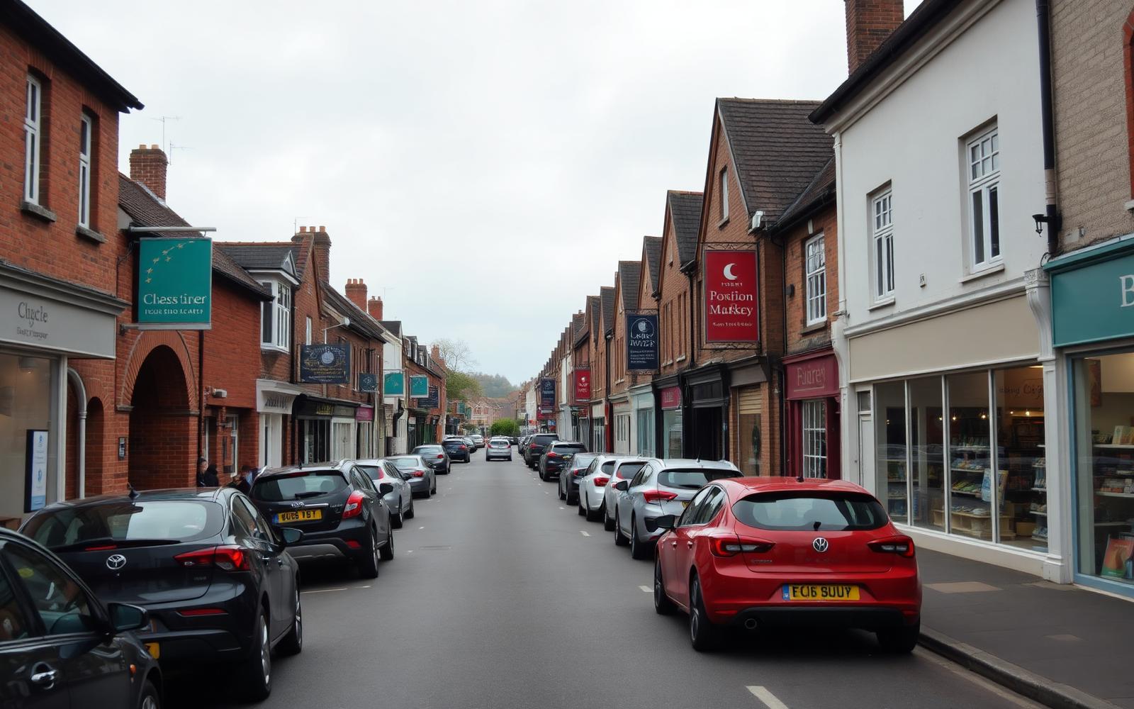 Newton Abbot town centre street with shopfronts and parked cars