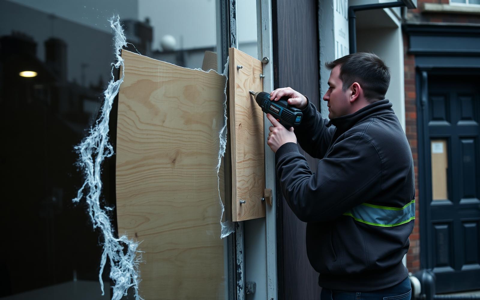 Plywood board being screwed over a broken window to secure a property