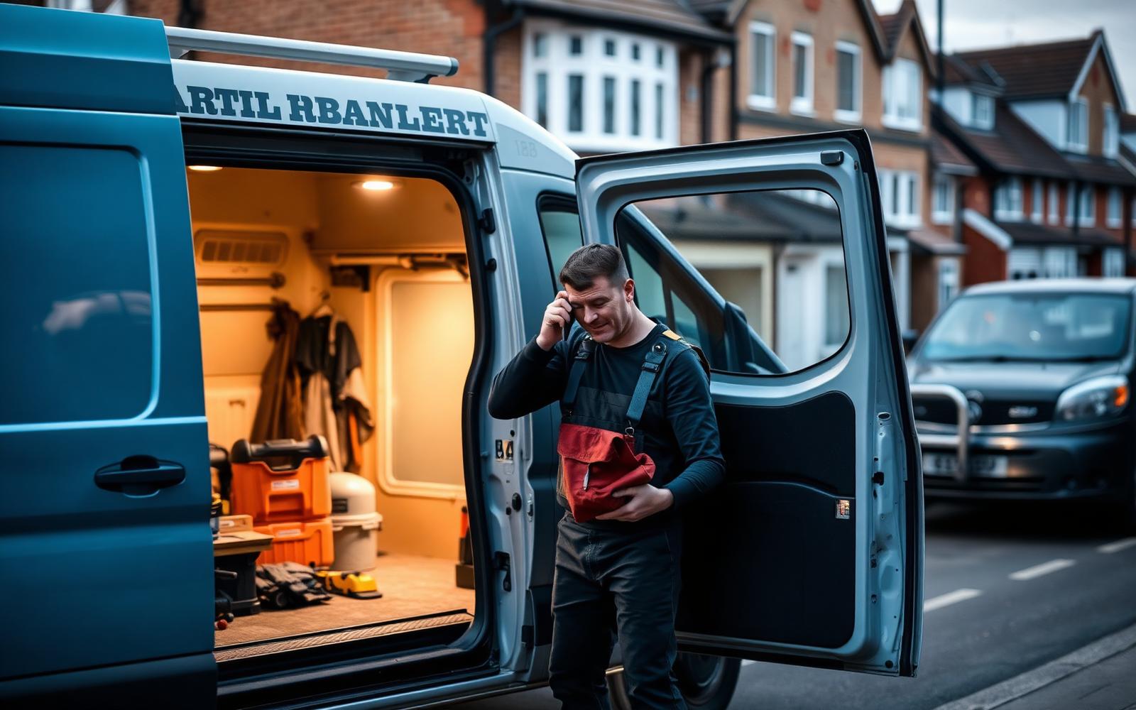 Tradesperson taking a phone call beside an open work van on a residential street