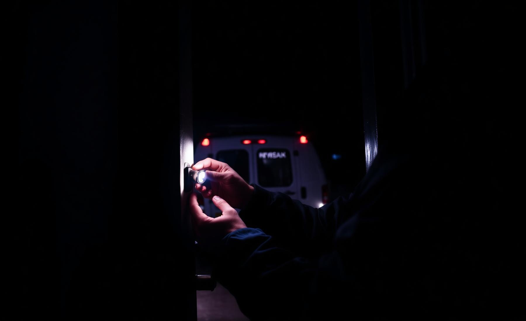 Locksmith working on a door lock at night with a head torch beside a work van