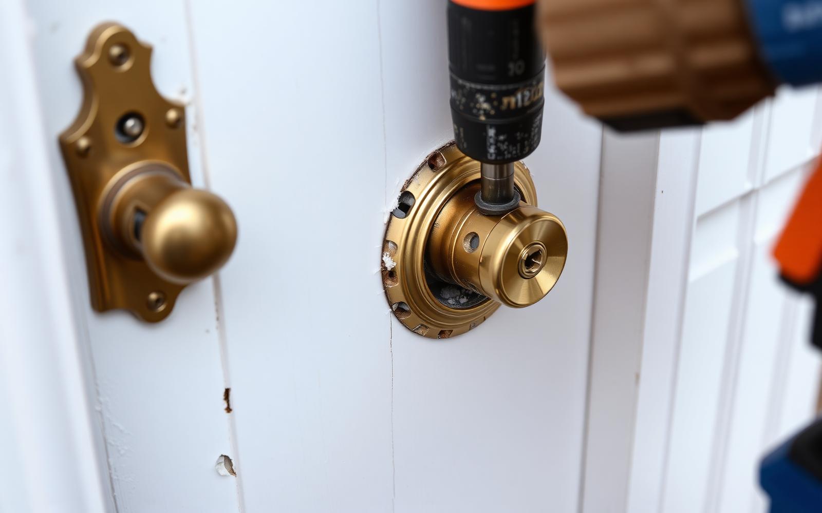 Brass deadbolt lock being installed on a painted front door