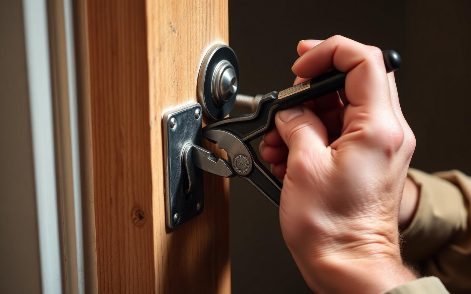 Locksmith adjusting a door latch and strike plate with a screwdriver