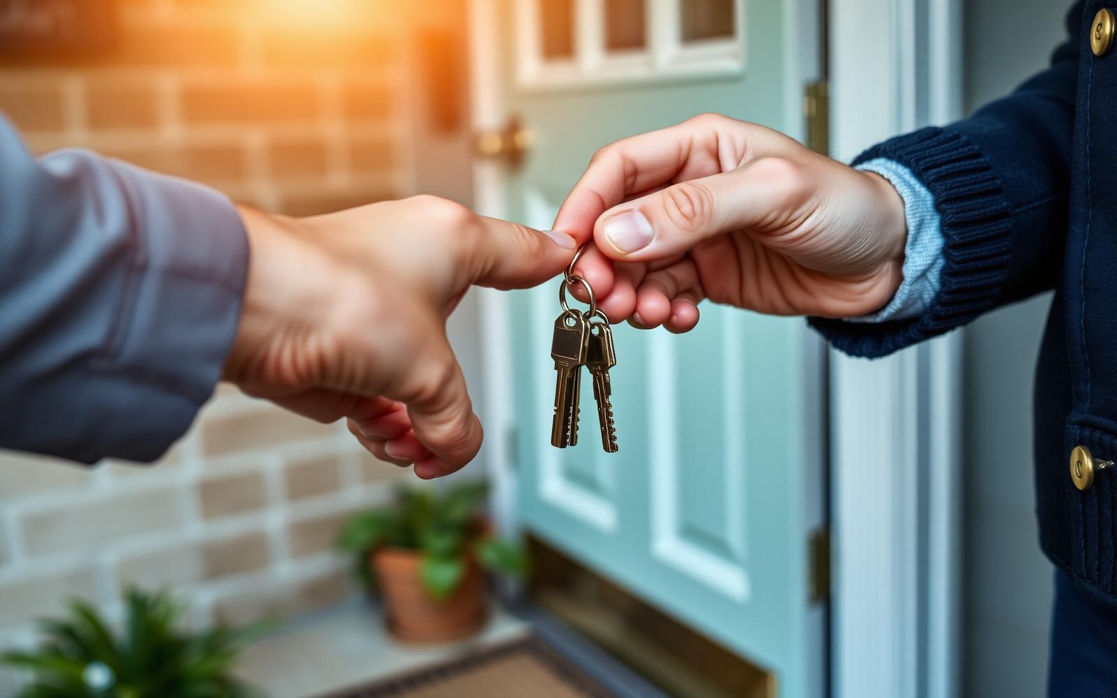 Locksmith handing a set of new door keys to a homeowner on a doorstep