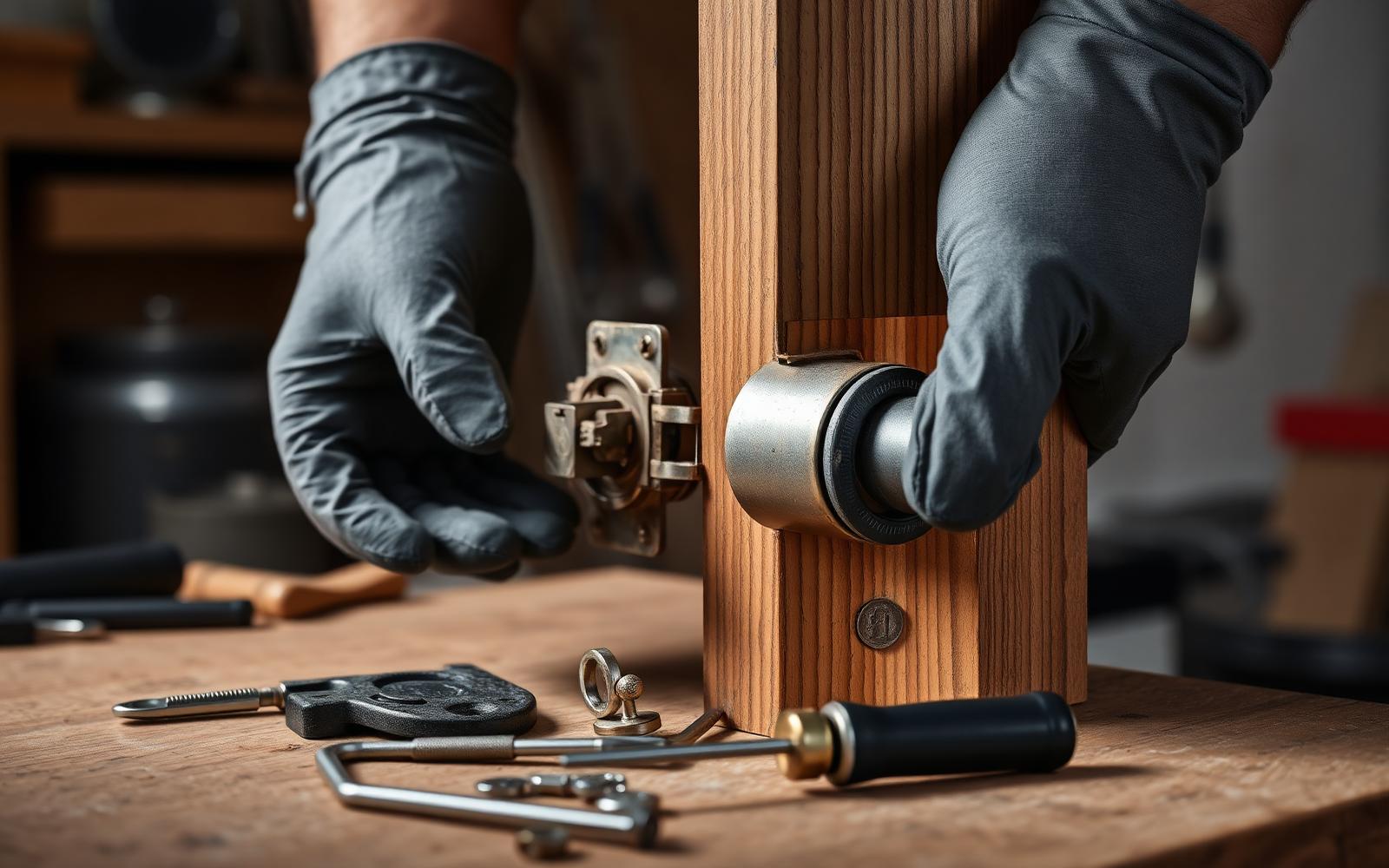 Hands repairing the internal mechanism of a mortice door lock