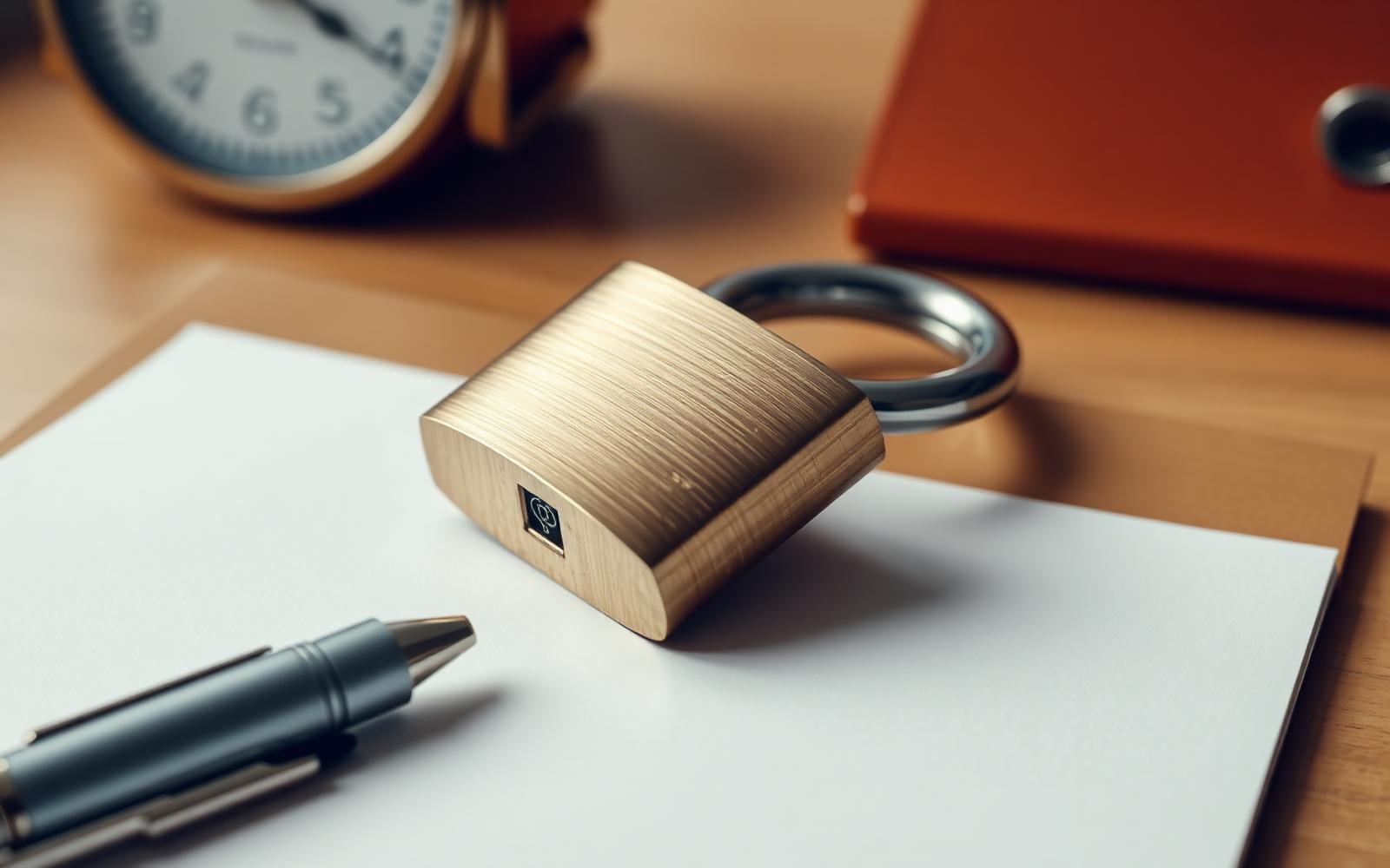 Closed brass padlock resting on a blank notepad beside a pen on a desk