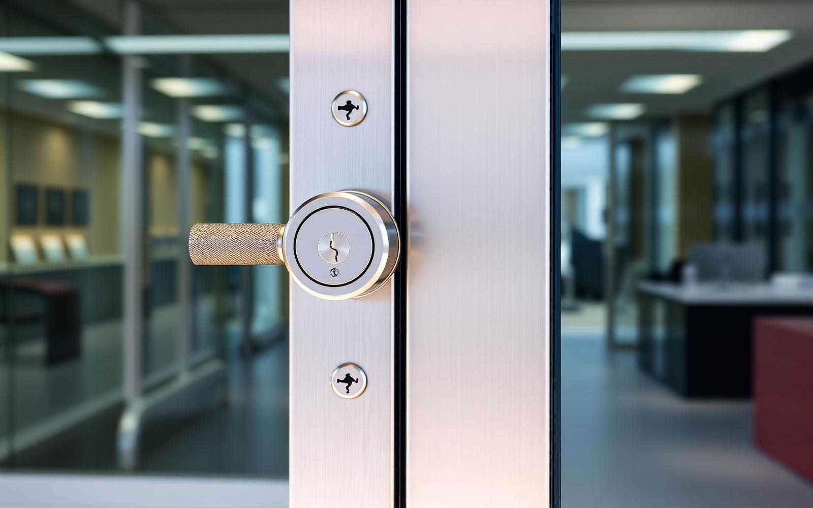 High-security lock fitted to a heavy commercial entrance door
