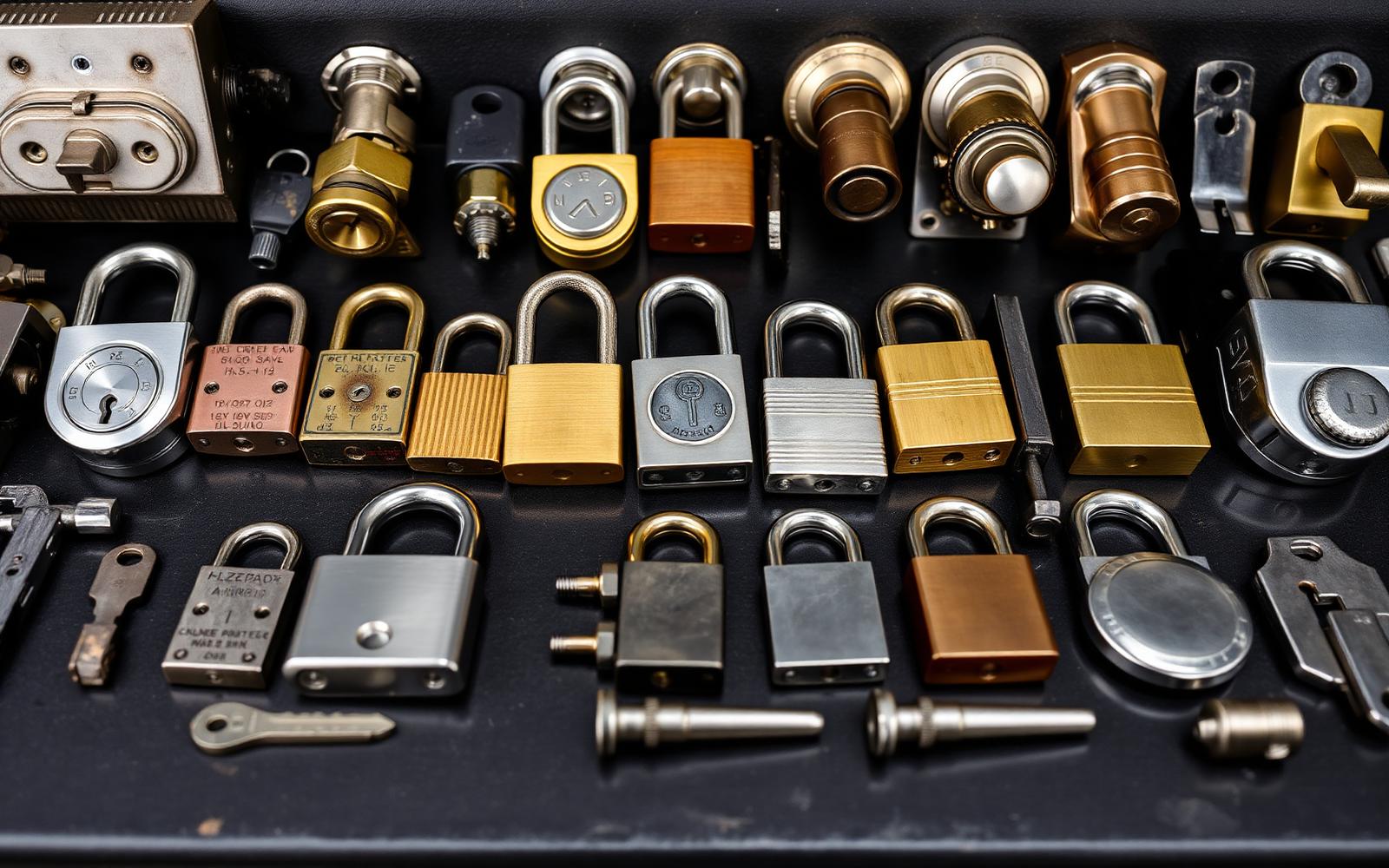 Selection of door locks, cylinders, bolts and keys arranged on a workbench