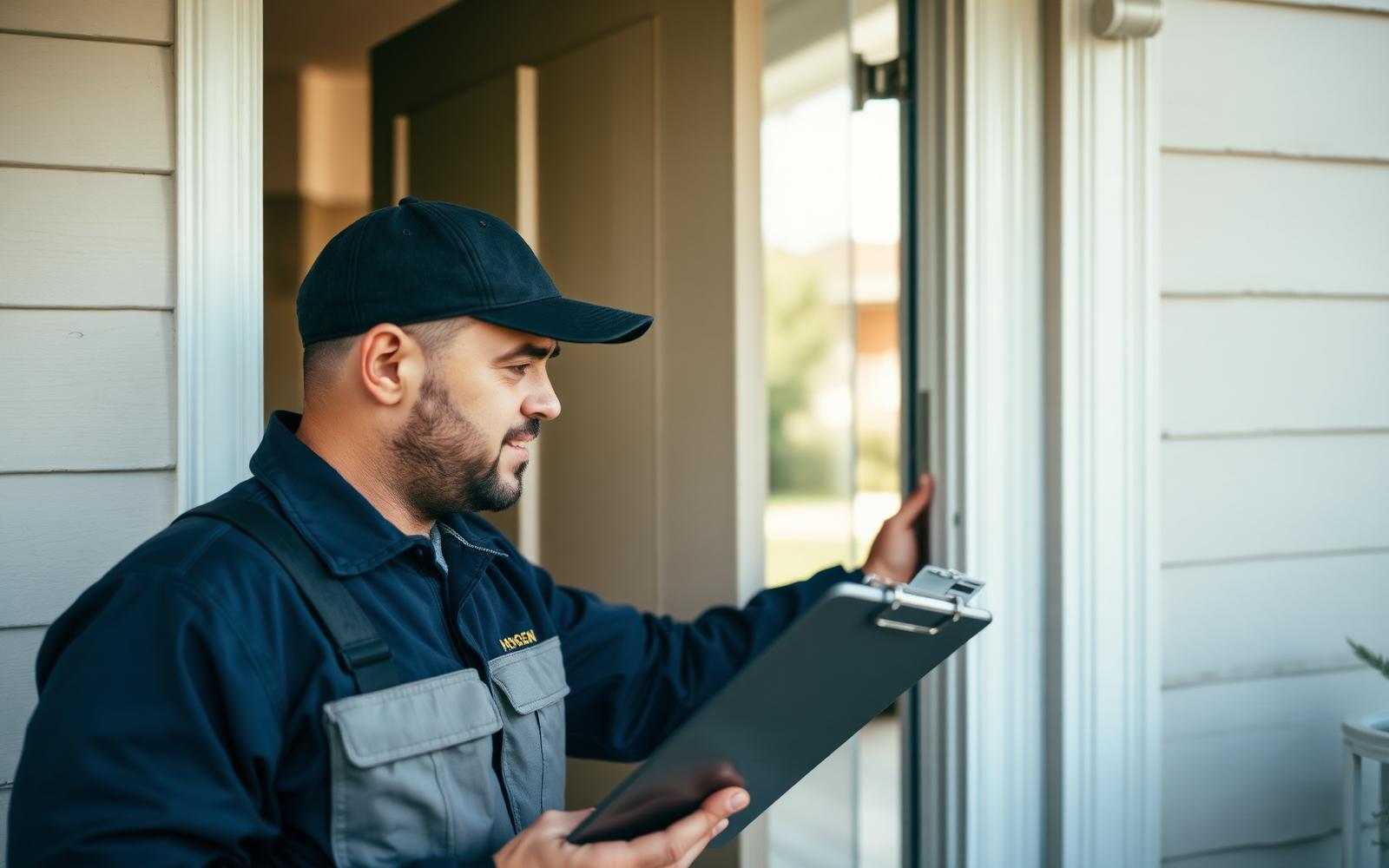 Locksmith inspecting a front door frame with a clipboard during an on-site assessment