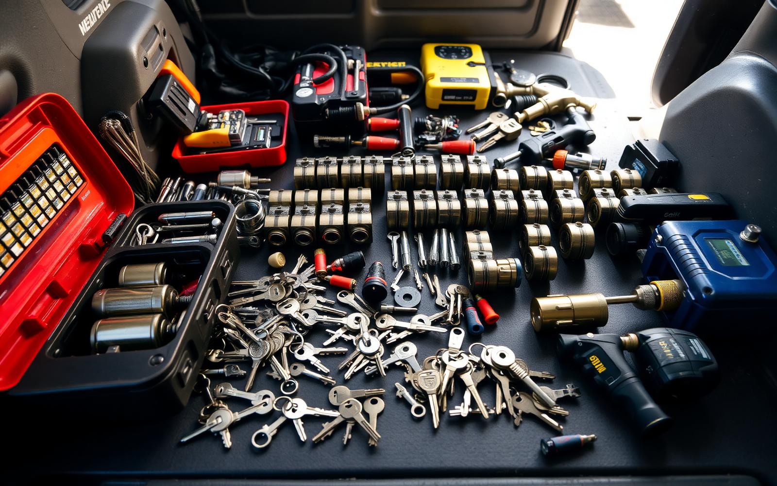 Locksmith tool kit with keys, lock cylinders and drills laid out in the back of a van