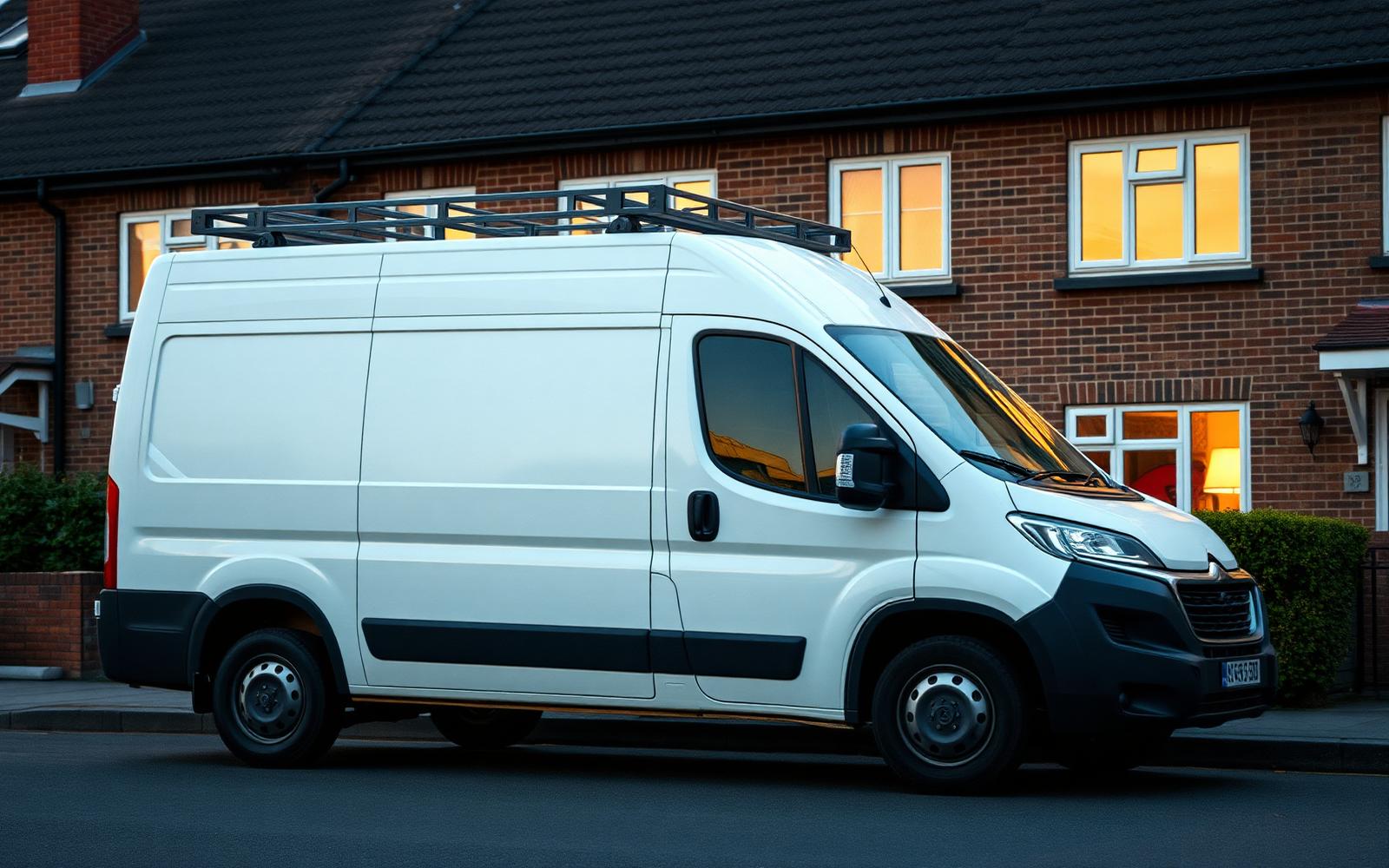 Locksmith work van parked outside a house in the early evening